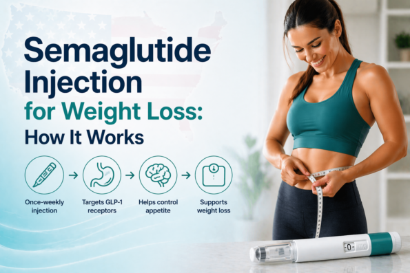 Semaglutide Injection for weight loss guide showing pen and results.