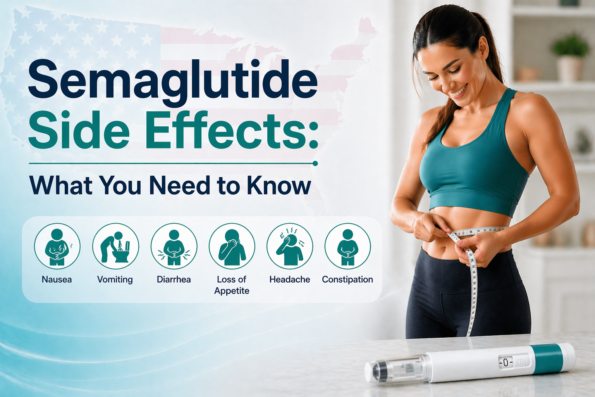 Infographic showing common semaglutide side effects and management tips for weight loss patients.