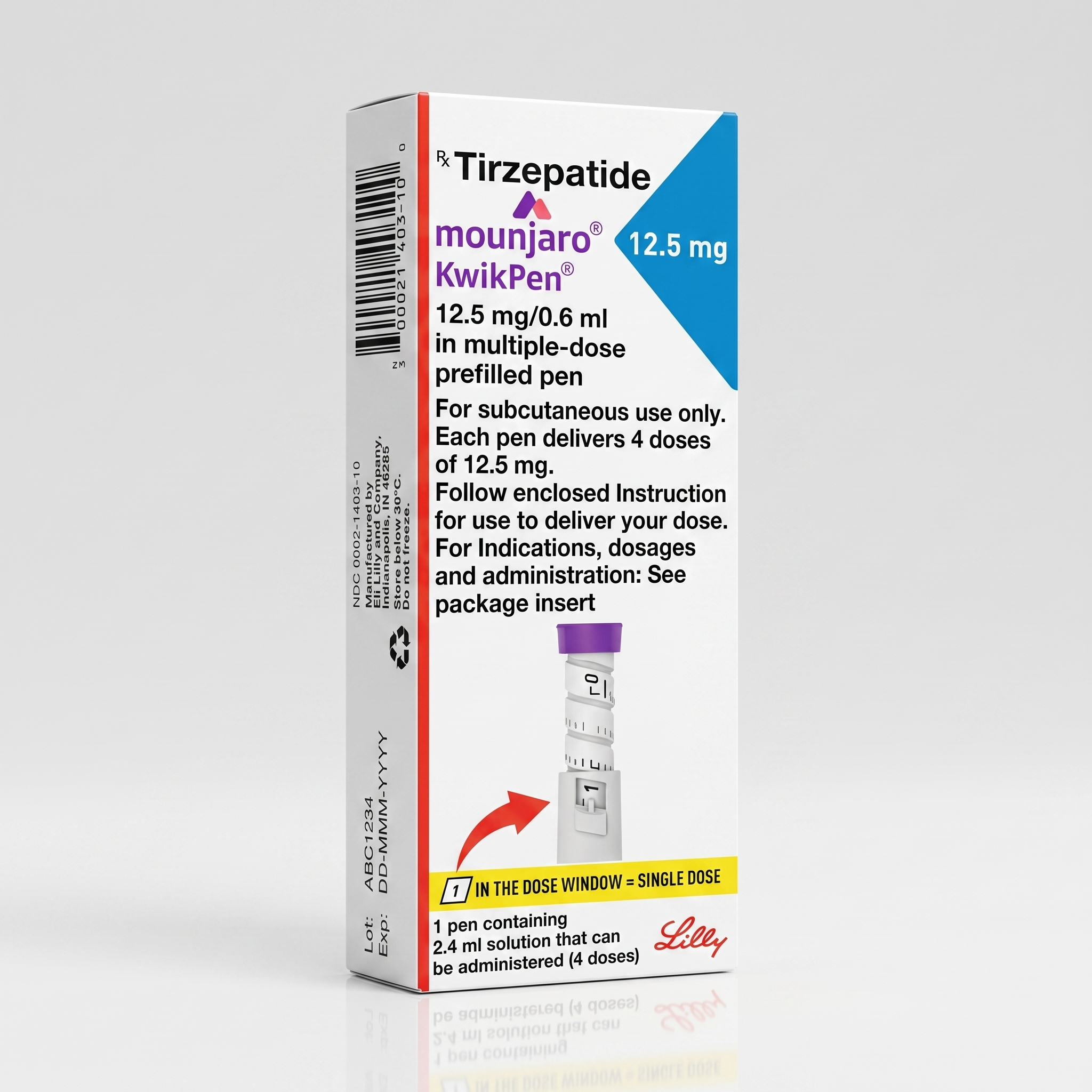 Mounjaro 12.5mg KwikPen Advanced Weight Loss Medical Solutions (USA, UK, Australia) Front view of a white and purple Mounjaro 12.5 mg KwikPen pre-filled injection pen box on a white background.