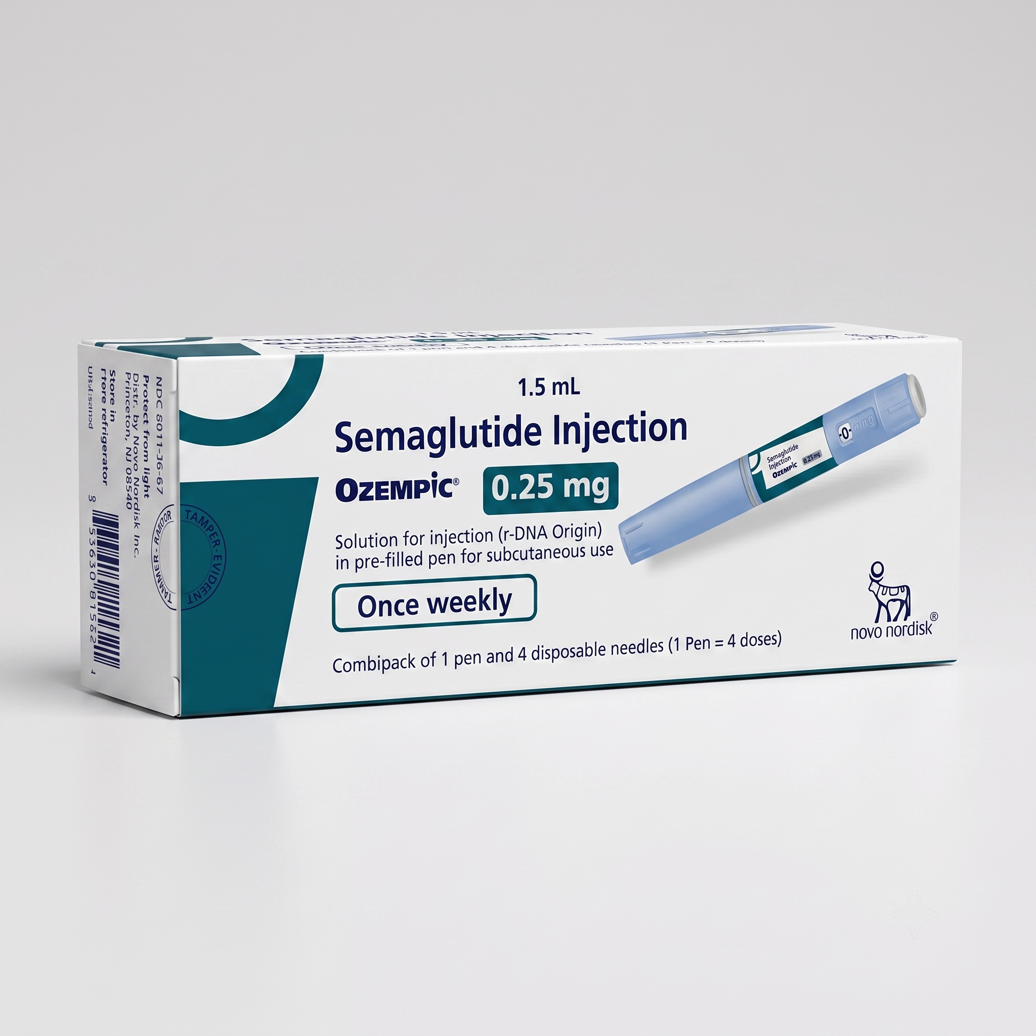 Ozempic-0-25mg-Pre-Filled-Pen-Semaglutide-Medship Front view of a white and red Ozempic 0.25 mg pre-filled injection pen box on a white background.