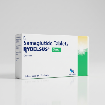 Front view of a white and green Rybelsus 3 mg tablet box alongside its silver blister pack on a white background.