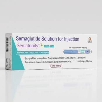 Front view of a white and dark blue Sematrinity (Semaglutide) 2 mg pre-filled injection pen box on a white background.