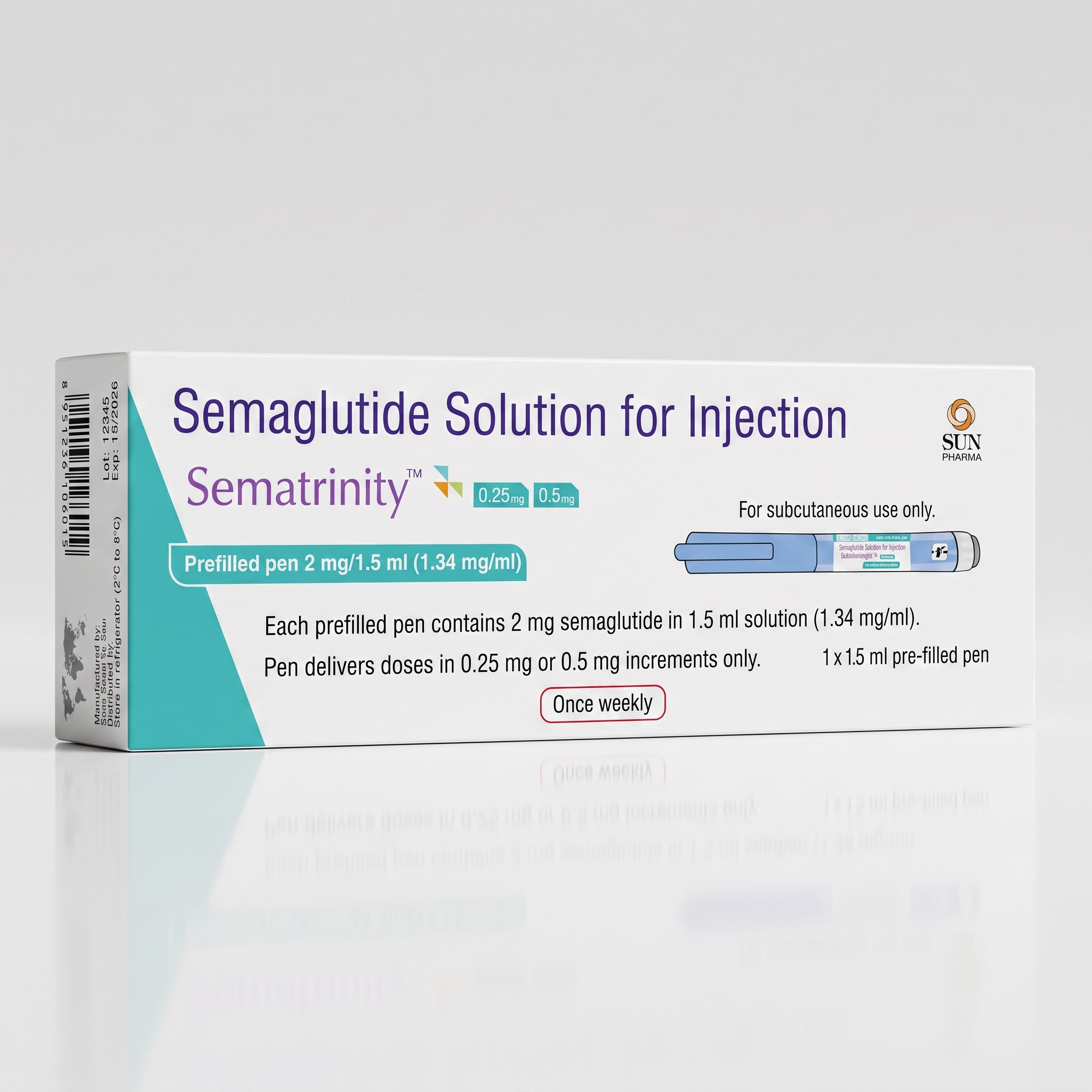 Sematrinity(Semaglutide)2mg Pre-filled Pen Front view of a white and dark blue Sematrinity (Semaglutide) 2 mg pre-filled injection pen box on a white background.