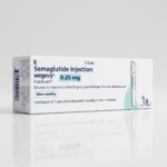 Front view of a white and light blue Wegovy 0.25 mg pre-filled injection pen box on a white background.