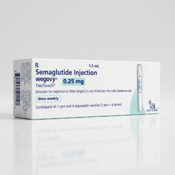 Front view of a white and light blue Wegovy 0.25 mg pre-filled injection pen box on a white background.