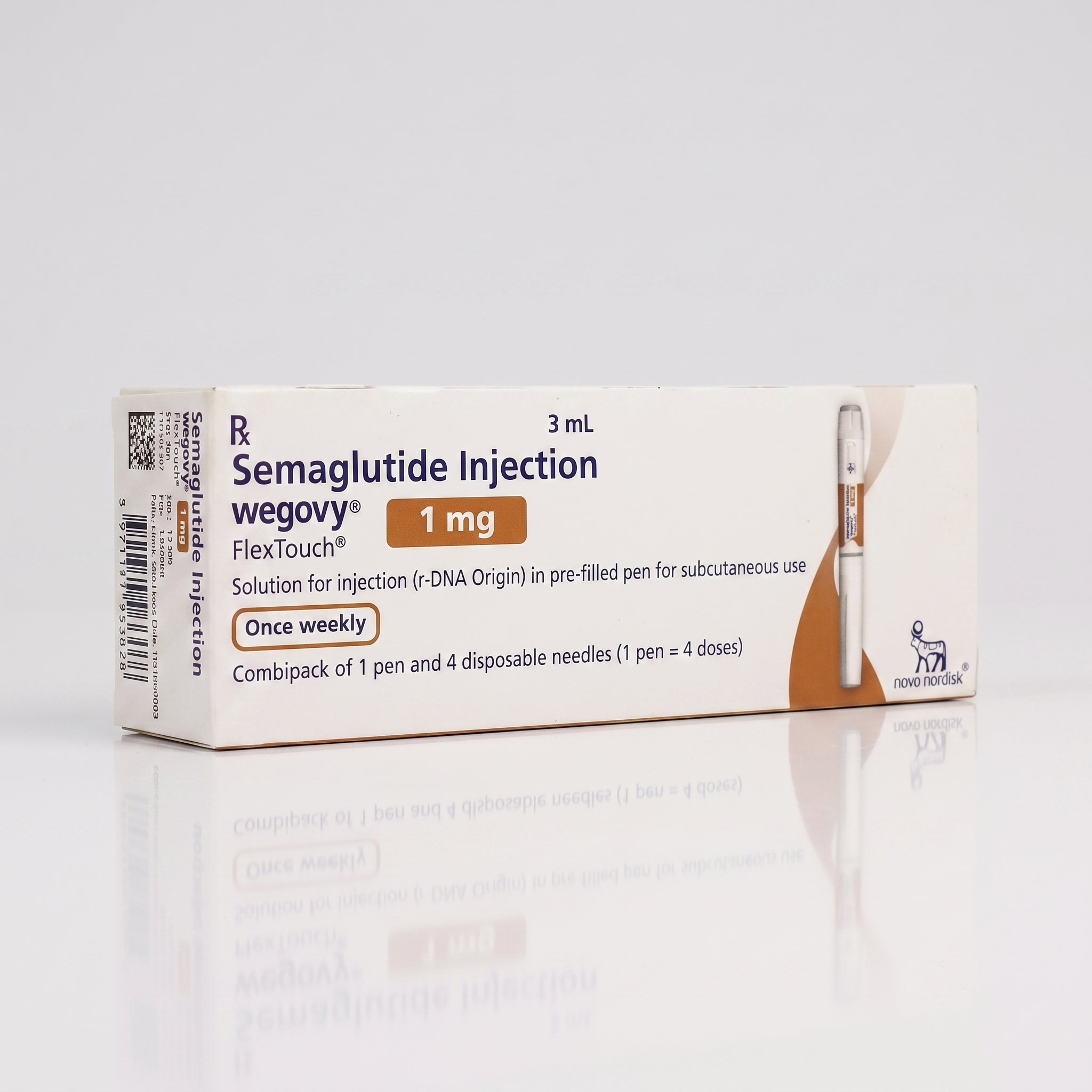 Wegovy 1mg FlexTouch 3ml pre-filled pen for intermediate weight loss maintenance Front view of a white and green Wegovy 1 mg FlexTouch pre-filled injection pen box on a white background.