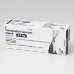 Front view of a white and bright blue Wegovy 2.4 mg FlexTouch pre-filled injection pen box on a white background.