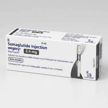 Front view of a white and bright blue Wegovy 2.4 mg FlexTouch pre-filled injection pen box on a white background.