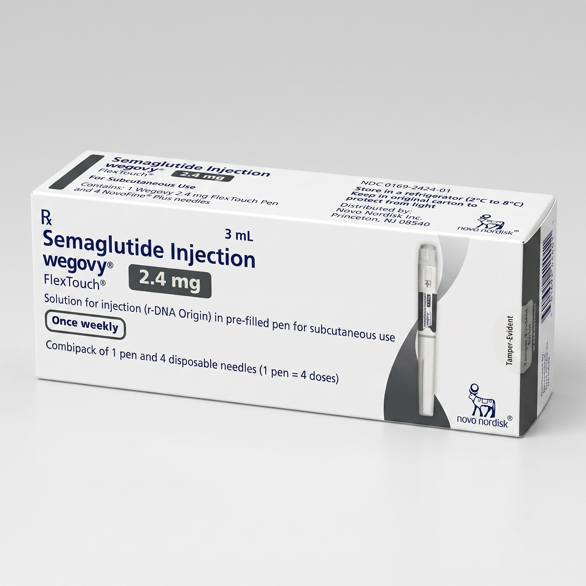 Wegovy 2.4mg FlexTouch Pen Maximum Weight Loss Dose UK, USA, Australia Front view of a white and bright blue Wegovy 2.4 mg FlexTouch pre-filled injection pen box on a white background.