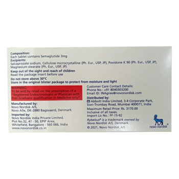 Rybelsus 3mg Tablet oral semaglutide packaging and blister strip for diabetes titration.