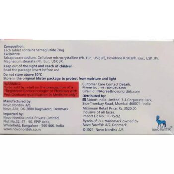 Rybelsus 7mg Tablet blister strip of 10 tablets and box back view for authentic oral semaglutide.
