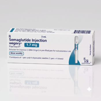 Front view of a white and teal Wegovy 1.7 mg FlexTouch pre-filled injection pen box on a white background.