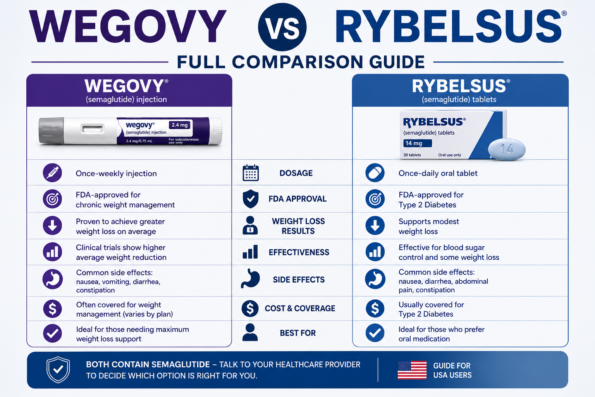 Wegovy vs Rybelsus comparison infographic for weight loss and diabetes USA 2026