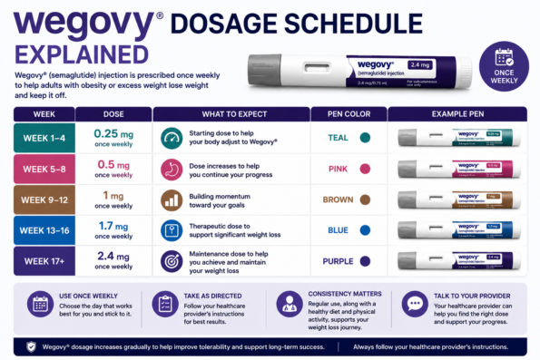 Wegovy dosage schedule chart showing titration steps from 0.25 mg to 2.4 mg and 7.2 mg doses