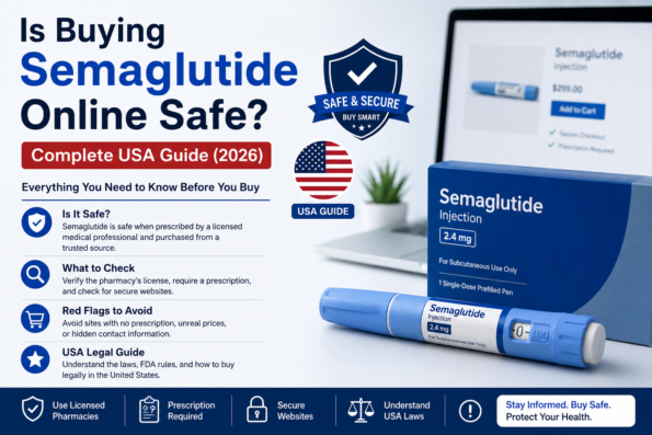A comprehensive guide infographic titled "Is Buying Semaglutide Online Safe?" detailing USA medical weight loss safety tips, Ozempic, and Wegovy information.