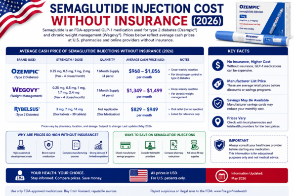 Semaglutide Injection Cost Without Insurance infographic for 2026